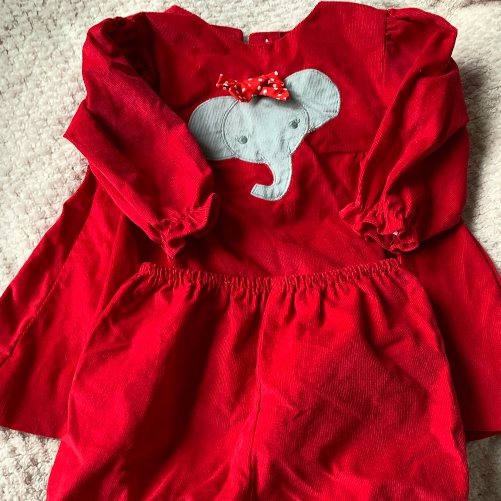 Baby corduroy dress with matching bloomers with adorable elephant
